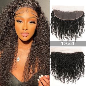 Top Full Frontal Lace Closure Cheveux oreille à oreille 13x4 Afro Profonde Crépus Bouclés Mongolien Cheveux Humains Lace Front Closure avec Bébé Cheveux Partie Libre Noeuds Blanchis Naturel Noir