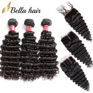 Bella Hair® 8A Lace Closure with Hair Bundles Tissage Brésilien Trame Couleur Noire Extensions Vague Profonde Tête Complète