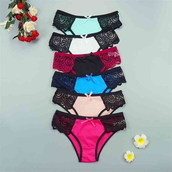 Bragas breves de algodón de encaje 6 unids / lotes ropa interior íntima sexy lencería transpirable mujer arco panty m-xl bragas al por mayor 210730