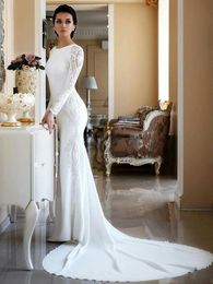 Bescheidene Brautkleider im Meerjungfrau-Stil aus Spitze und Krepp mit langen Ärmeln, Juwelenausschnitt, bedeckter Rückseite, elegante, informelle Brautkleider für den Empfang, individuell gestaltet