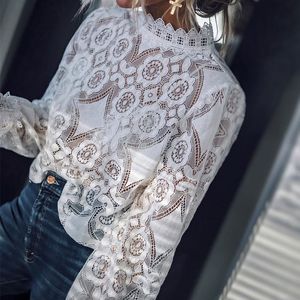 Camisas blancas caladas de encaje de ganchillo para mujer, blusas de mujer con volantes y manga larga transparentes con cuello levantado, Tops elegantes de moda 2019