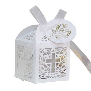 Boîte à bonbons en croix en dentelle, boîte d'emballage cadeau de pâques avec ruban, décor de baptême d'anniversaire, de mariage, de Communion