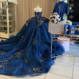 Kant Donkerblauw Assepoester Quinceanera Bal 2024 Sweetheart Hals Kralen Plus Size Applicaties Vestidos De Prom Partij Jassen 15 Anos