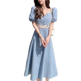 Kanten jurk vrouwen zomer franse vintage blauwe zoete puff-mouwen losse slanke mid-length jurken vrouwelijke lr1391 210531