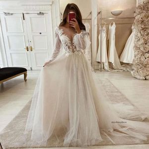 Lace Jurken 2021 Appliques A Line Bruid Dress Princess Wedding Gown Long Puff Sleeve Robe de Mariee 0509