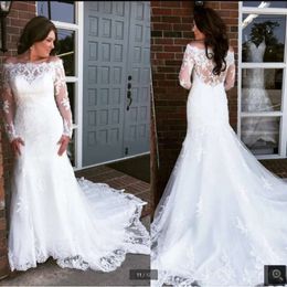 Lace Dresses 2021 Mermaid Wedding Bridal Jurk van de schouder lange mouwen illusie ruggerecht toegepast op maat gemaakte plus size vestido de novia