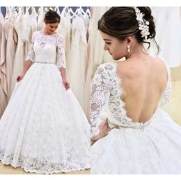 Lace Dresses Vintage Half Wedding Mouwen Bruid jurk Backless A Line Sweep Train Kristallen Kristallen Custom Made plus size geschulpte halslijn Vestido de novia