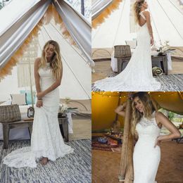 Lace Jurken Vintage Mermaid 2021 Juwelnek Mouwloze Hollow Back Custom Made Sweep Train Beach Wedding Jurk Vestido de Novia