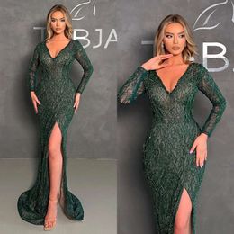 Lace Evening Mermaid Donkere pailletten groene elegante mouwen v nek formeel feest prom jurk lange jurken voor speciale ocn es