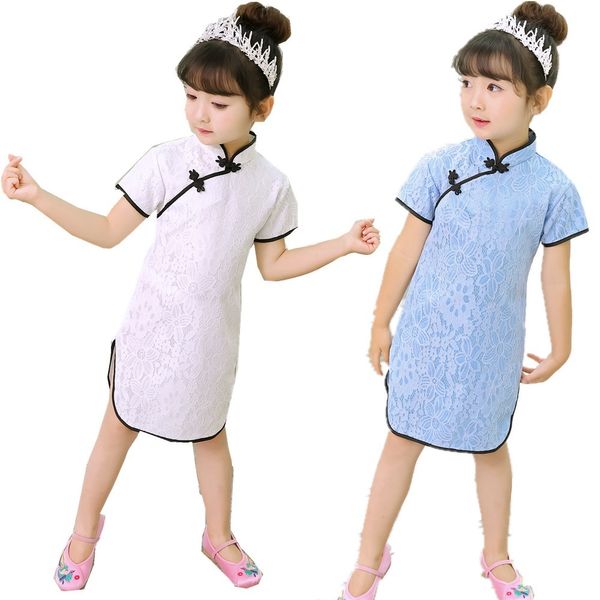 Dentelle Floral Bébé Fille Mince Robe Enfants Vêtements Traditionnels Chi-Pao Cheongsam Costume Filles Qipao Bleu Blanc Costumes De Mariage 210413