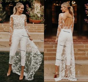 Kant bloemen strand bruids jumpsuit met trein 2021 lange mouw backless bohemian zomervakantie trouwjurk met broek pak