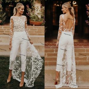 2021 dentelle florale plage robe de mariée avec train 2021 manches longues dos nu bohème vacances robe de mariée avec pantalon suit258a