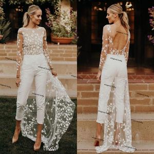 dentelle floral plage mariée combinaison avec train 2021 manches longues dos nu bohème vacances d'été robe de mariée avec pantalon suit250j