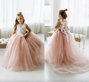 Robe de princesse en dentelle pour filles, avec nœuds, pour première Communion, en Tulle, robe de bal, pour fête de mariage