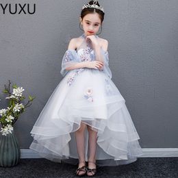 Lace Flower Girl Cute Princess Ball Sheer Cou Long Train Appliquée Première Holy Communion Robe Toddler Pageant Robes 403