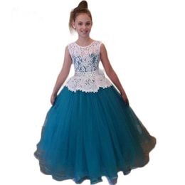 Kant bloem meisjes jurken met turquoise tule rok Speciale gelegenheid eerste communie jurken met kralen taille peplum