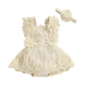 Lace Flower Princess Baby Girls kleren voor feestkinderen Romper Drss Zomeroutfits Ruffel Mouwloze Bodysuit met hoofdband