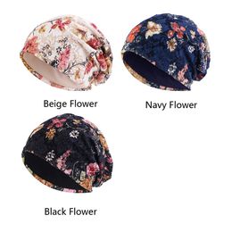 Kanten bloemenprint vrouwen moslim tulband doppen hoed stretch hijab ruches kanker chemo beanie baggy headscarf haarverlies dame hoofd wrap