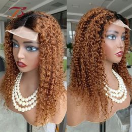 Lace Lace Free Front Wig ombre Jerry Curly Part Middle Remy Human Hair Wig 1b 30 Ginger Transparent 4x1 T Fermeure de dentelle Bobbi 240520