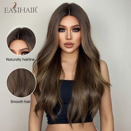 Lace Front Wigs Brown Highlight Golden Natural Wave Perruques en dentelle synthétique avec des cheveux de bébé pour les femmes noires Résistant à la chaleur usine directe