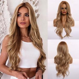 Lace Front Wigs Long Ombre Light Ash Brown Blonde Wavy Curly Wig Cosplay Party Hair pour les femmes colorées avec une frange