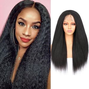 Perruque Lace Front Wig synthétique avec raie en V, cheveux élastiques pelucheux pour femmes, faux cheveux crépus lisses noirs naturels