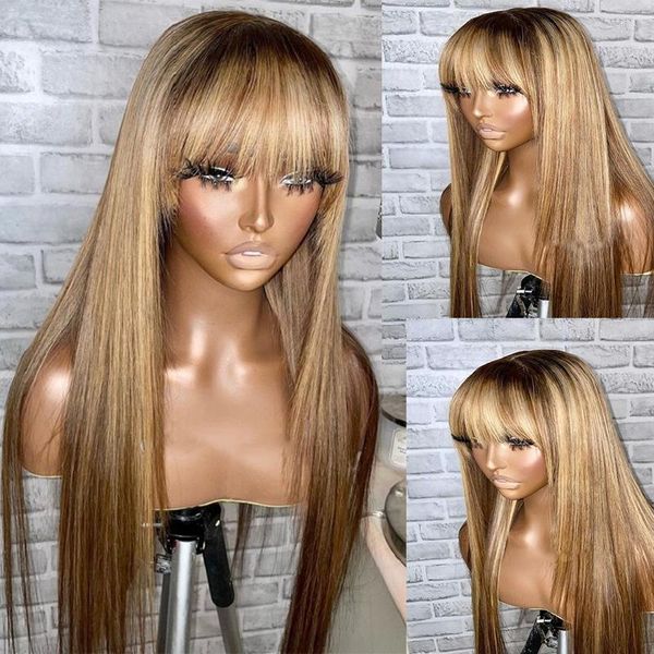 Perruque Lace Frontal Wig Remy naturelle, cheveux lisses, à reflets blonds, avec frange, naissance des cheveux naturelle, pre-plucked