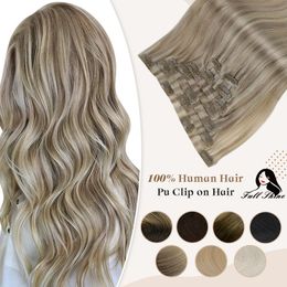 Lace Full Shine PU Clip Hair s Human 100g Seamless Invisible In Balayage Color Blonde 230728