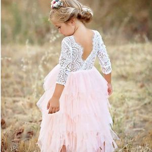 Kant meisjes jurk kinderen baby meisje 3 tot 8 jaar zomer cake gelaagde backless jurken verjaardag prinses kinderkleding voor meisje 8T Q0716