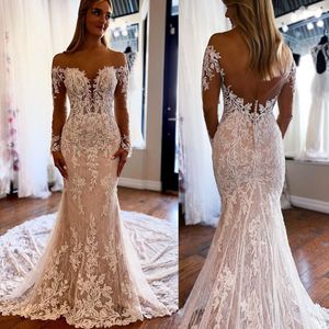 Dentelle magnifique robes de mariée sirène robe de mariée appliques manches longues encolure dégagée balayage train sur mesure pays robes de novia