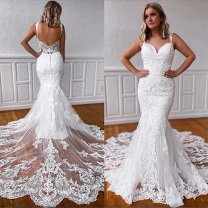 Lace prachtige zeemeermin trouwjurken bruid jurk spaghetti riemen applique sweep trein bedekte knoppen op maat gemaakte plus size vestido de