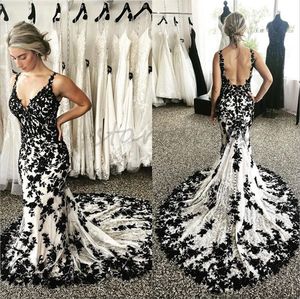 Lace Gotische zwarte trouwjurk sexy v nek zeemeermin appliques backless bohemian strand bruidsjurken spaghetti riemen boho robe de mariage laceful country ful