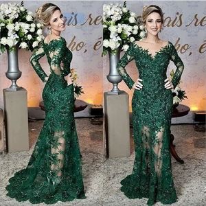 Lace Green Elegant Dark Mother of the Bride -jurken Lange mouwen Mermaid Mermaid Wedding Guest Jurk Sheer V Nek Bruidegom Mom Mom Formele avondjurken Prom slijtage