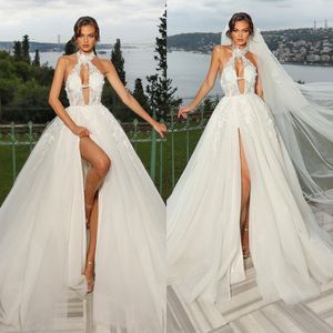 Kant halter sexy zeemeermin trouwjurk eenvoudige hoge zijsplit Saoedi-Arabische mouwloze appliqué bruidsjurk op maat gemaakt