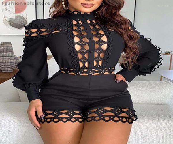 Lace Hollow Out Design Romper Patchwork Monos de manga larga Blanco Negro Mujeres Monos cortos Women039s Rompers8388413