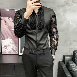 Chemises creuses en dentelle pour hommes à manches longues Slim Fit Streetwear Blouse de fête sociale discothèque chanteur Dj vêtements Camisas Para Hombre 220118