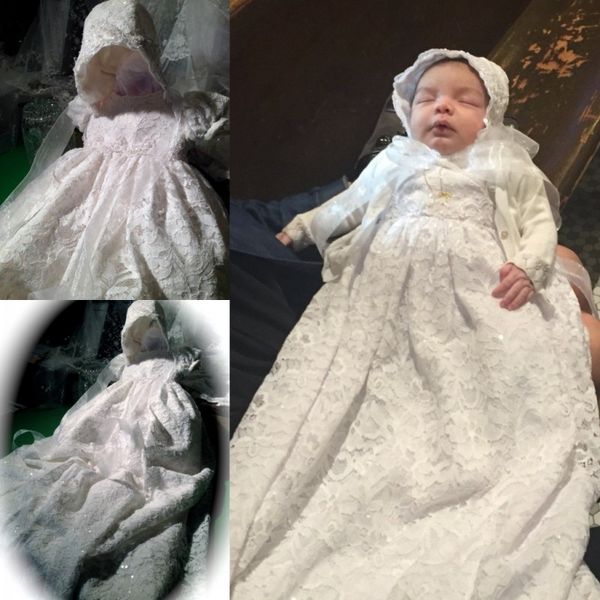 Gran oferta de vestidos de bautizo de encaje, vestidos de bautismo con apliques de manga larga para bebé, vestido de flores para niñas para bodas con capó