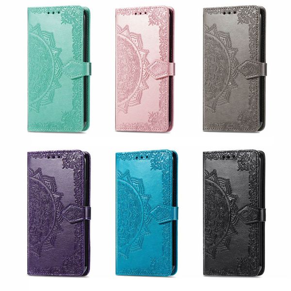 Étuis portefeuille en cuir dentelle pour Samsung S22 Plus Ultra Galaxy A33 5G A53 Stand Flip Cover Luxe Fleur en relief Mandala Datura Folio Filles Pochette Téléphone Sac à main Sangle