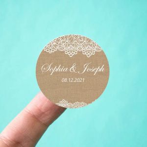 Autocollants en papier de style lin en dentelle Personnalisez les autocollants de décoration de mariage Étiquettes Nom personnalisé