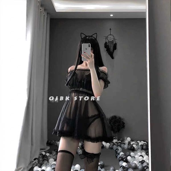 Dentelle Lingerie Noir Blanc Transparent Belle Sexy Mignon Princesse Dormir Chemise De Nuit Vêtements De Nuit Lolita Kawaii Robe En Mousseline De Soie 210924