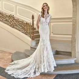 Lace Long Beach Mermaid -jurken Appliqued Sweep Train Plus Size Wedding Jurken De Novia Brautkleider Custom Made Bridal Vestido