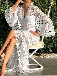 Lace Long Dress Women Elegant Sexy V-Neck Summer Fashion White Flare Sleeve Lady Casual Hollow Out Party Aline 240418