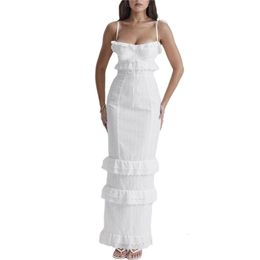 Lace Lace Long Robes White Low Cut Spaghetti Strap sans manches High Split Y2K Robe esthétique Women Party Clubwear 240418