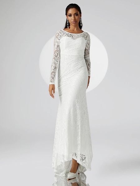 En dentelle à manches longues sexy robe maxi femme mode rond cou backless club mariage mariage blanc transparent élégant 240424