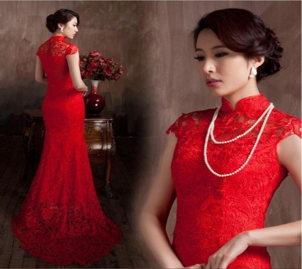Matériau en dentelle Couleur rouge Luxury Chinois Robe traditionnelle Qipao Sirène Bridal Robe 2020 Vestido de Noiva3783868