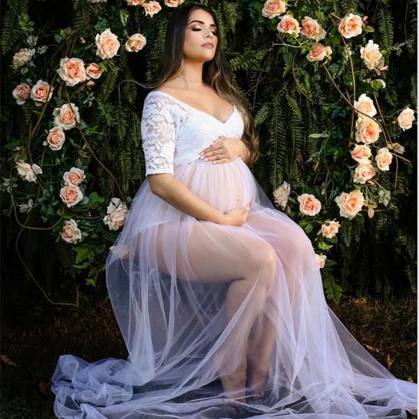 Robes de maternité en dentelle accessoires de photographie Sexy robe Maxi fendue sur le côté pour les femmes blanches enceintes longue robe de grossesse séance Photo 2023