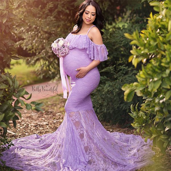 Vestidos de maternidad de encaje Accesorios de fotografía Vestido largo sexy con abertura lateral para mujeres embarazadas con hombros descubiertos Vestido largo de embarazo Sesiones de fotos 2024 Caliente