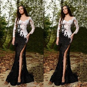 Lace Mermaid Arabic Illusion Prom jurk zwart en wit split vooraan lange mouwen Appliques Avondjurken op maat gemaakte vestidos