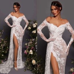 Lace Mermaid -jurk af voor bruiloft prachtige schouder lange mouwen lange mouwen trouwjurken bruidsjurken gesplitste ontwerper bruid jurken es