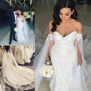 Lace Mermaid Dresses Off Shoulder Long Sheeves Tule Pearls Applique Court Train Wedding Jurk Bridal Jurys Vestidos de Novia